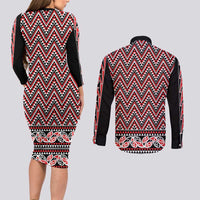 New Zealand Maori Niho Taniwha Couples Matching Long Sleeve Bodycon Dress and Long Sleeve Button Shirt Whero Mangopare and Puhoro Pattern LT9 - Polynesian Pride