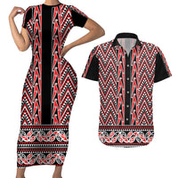 New Zealand Maori Niho Taniwha Couples Matching Short Sleeve Bodycon Dress and Hawaiian Shirt Whero Mangopare and Puhoro Pattern LT9 Red - Polynesian Pride