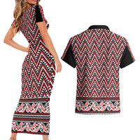 New Zealand Maori Niho Taniwha Couples Matching Short Sleeve Bodycon Dress and Hawaiian Shirt Whero Mangopare and Puhoro Pattern LT9 - Polynesian Pride