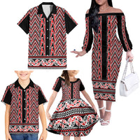 New Zealand Maori Niho Taniwha Family Matching Off The Shoulder Long Sleeve Dress and Hawaiian Shirt Whero Mangopare and Puhoro Pattern