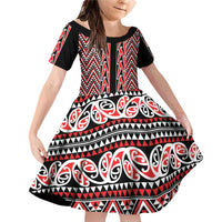 New Zealand Maori Niho Taniwha Family Matching Off Shoulder Short Dress and Hawaiian Shirt Whero Mangopare and Puhoro Pattern LT9 Daughter's Dress Red - Polynesian Pride