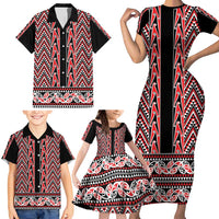 New Zealand Maori Niho Taniwha Family Matching Short Sleeve Bodycon Dress and Hawaiian Shirt Whero Mangopare and Puhoro Pattern