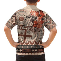 Vintage Bula Fiji Personalised Family Matching Long Sleeve Bodycon Dress and Hawaiian Shirt Beige Hibiscus Tapa Pattern