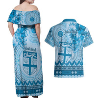 Vintage Bula Fiji Personalised Couples Matching Off Shoulder Maxi Dress and Hawaiian Shirt Blue Hibiscus Tapa Pattern