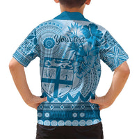 Vintage Bula Fiji Personalised Family Matching Long Sleeve Bodycon Dress and Hawaiian Shirt Blue Hibiscus Tapa Pattern