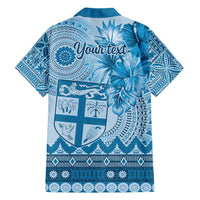 Vintage Bula Fiji Personalised Family Matching Short Sleeve Bodycon Dress and Hawaiian Shirt Blue Hibiscus Tapa Pattern