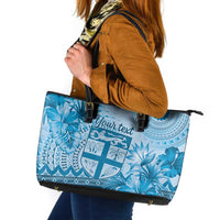 Vintage Bula Fiji Personalised Leather Tote Bag Blue Hibiscus Tapa Pattern LT9