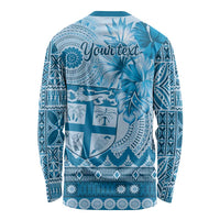 Vintage Bula Fiji Personalised Long Sleeve Shirt Blue Hibiscus Tapa Pattern