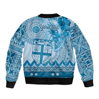 Vintage Bula Fiji Personalised Sleeve Zip Bomber Jacket Blue Hibiscus Tapa Pattern
