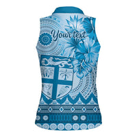 Vintage Bula Fiji Personalised Women Sleeveless Polo Shirt Blue Hibiscus Tapa Pattern
