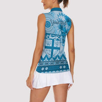 Vintage Bula Fiji Personalised Women Sleeveless Polo Shirt Blue Hibiscus Tapa Pattern