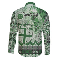 Vintage Bula Fiji Personalised Family Matching Off Shoulder Short Dress and Hawaiian Shirt Green Hibiscus Tapa Pattern