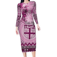 Vintage Bula Fiji Personalised Family Matching Long Sleeve Bodycon Dress and Hawaiian Shirt Pink Hibiscus Tapa Pattern
