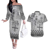 Vintage Bula Fiji Personalised Couples Matching Off The Shoulder Long Sleeve Dress and Hawaiian Shirt Beige Hibiscus Tapa Pattern