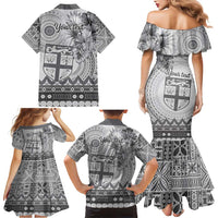 Vintage Bula Fiji Personalised Family Matching Mermaid Dress and Hawaiian Shirt Beige Hibiscus Tapa Pattern