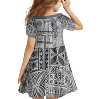 Vintage Bula Fiji Personalised Family Matching Off Shoulder Short Dress and Hawaiian Shirt Beige Hibiscus Tapa Pattern