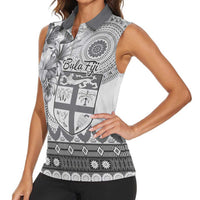 Vintage Bula Fiji Personalised Women Sleeveless Polo Shirt Beige Hibiscus Tapa Pattern