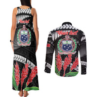 Personalised Samoa 685 Couples Matching Tank Maxi Dress and Long Sleeve Button Shirt Teuila Flower With Black Samoan Tattoo