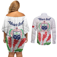 Personalised Samoa 685 Couples Matching Off Shoulder Short Dress and Long Sleeve Button Shirt Teuila Flower With White Samoan Tattoo