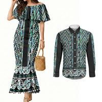 New Zealand Maori Niho Taniwha Couples Matching Mermaid Dress and Long Sleeve Button Shirt Papua Shell - Mangopare Puhoro Pattern LT9 Green - Polynesian Pride