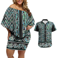 New Zealand Maori Niho Taniwha Couples Matching Off Shoulder Short Dress and Hawaiian Shirt Papua Shell - Mangopare Puhoro Pattern LT9 Green - Polynesian Pride