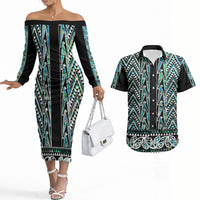 New Zealand Maori Niho Taniwha Couples Matching Off The Shoulder Long Sleeve Dress and Hawaiian Shirt Papua Shell - Mangopare Puhoro Pattern LT9 Green - Polynesian Pride