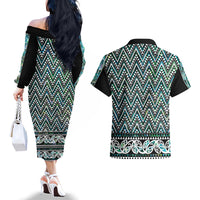 New Zealand Maori Niho Taniwha Couples Matching Off The Shoulder Long Sleeve Dress and Hawaiian Shirt Papua Shell - Mangopare Puhoro Pattern LT9 - Polynesian Pride