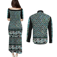 New Zealand Maori Niho Taniwha Couples Matching Puletasi and Long Sleeve Button Shirt Papua Shell - Mangopare Puhoro Pattern LT9 - Polynesian Pride