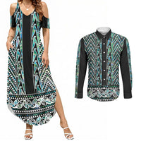 New Zealand Maori Niho Taniwha Couples Matching Summer Maxi Dress and Long Sleeve Button Shirt Papua Shell - Mangopare Puhoro Pattern LT9 Green - Polynesian Pride
