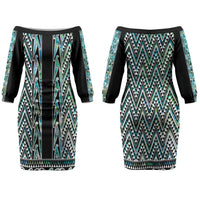 New Zealand Maori Niho Taniwha Family Matching Off The Shoulder Long Sleeve Dress and Hawaiian Shirt Papua Shell - Mangopare Puhoro Pattern LT9 Mom's Dress Green - Polynesian Pride