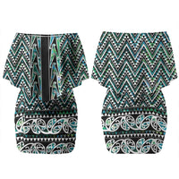 New Zealand Maori Niho Taniwha Family Matching Off Shoulder Short Dress and Hawaiian Shirt Papua Shell - Mangopare Puhoro Pattern LT9 Mom's Dress Green - Polynesian Pride