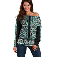 New Zealand Maori Niho Taniwha Off Shoulder Sweater Papua Shell - Mangopare Puhoro Pattern
