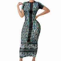 New Zealand Maori Niho Taniwha Short Sleeve Bodycon Dress Papua Shell - Mangopare Puhoro Pattern LT9 Long Dress Green - Polynesian Pride
