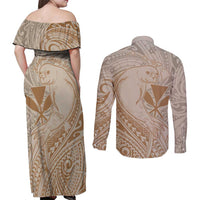 Hawaii Monk Seal and Map Couples Matching Off Shoulder Maxi Dress and Long Sleeve Button Shirt Polynesian Kanaka Maoli Beige Vibe
