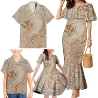 Hawaii Monk Seal and Map Family Matching Mermaid Dress and Hawaiian Shirt Polynesian Kanaka Maoli Beige Vibe