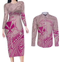 Hawaii Monk Seal and Map Couples Matching Long Sleeve Bodycon Dress and Long Sleeve Button Shirt Polynesian Kanaka Maoli Pink Vibe