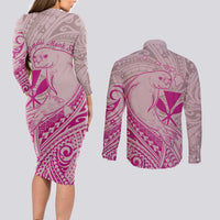 Hawaii Monk Seal and Map Couples Matching Long Sleeve Bodycon Dress and Long Sleeve Button Shirt Polynesian Kanaka Maoli Pink Vibe