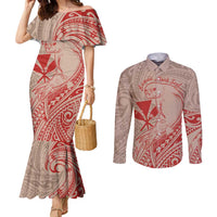 Hawaii Monk Seal and Map Couples Matching Mermaid Dress and Long Sleeve Button Shirt Polynesian Kanaka Maoli Red Vibe