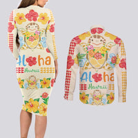 Kawaii Turtle Couples Matching Long Sleeve Bodycon Dress and Long Sleeve Button Shirt Aloha Hibiscus Flowers