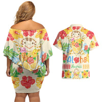 Kawaii Turtle Couples Matching Off Shoulder Short Dress and Hawaiian Shirt Aloha Hibiscus Flowers