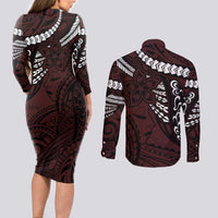 Polynesian Girl Tribal Tattoo Couples Matching Long Sleeve Bodycon Dress and Long Sleeve Button Shirt Oxbood Vibe