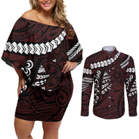 Polynesian Girl Tribal Tattoo Couples Matching Off Shoulder Short Dress and Long Sleeve Button Shirt Oxbood Vibe