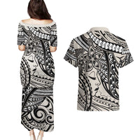 Polynesian Girl Tribal Tattoo Couples Matching Puletasi and Hawaiian Shirt Beige Vibe