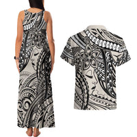 Polynesian Girl Tribal Tattoo Couples Matching Tank Maxi Dress and Hawaiian Shirt Beige Vibe