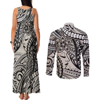 Polynesian Girl Tribal Tattoo Couples Matching Tank Maxi Dress and Long Sleeve Button Shirt Beige Vibe