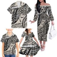 Polynesian Girl Tribal Tattoo Family Matching Off The Shoulder Long Sleeve Dress and Hawaiian Shirt Beige Vibe