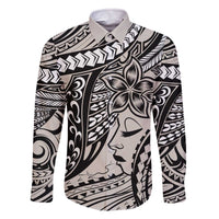 Polynesian Girl Tribal Tattoo Family Matching Off The Shoulder Long Sleeve Dress and Hawaiian Shirt Beige Vibe