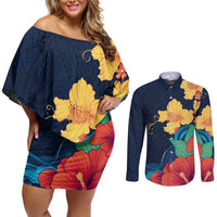 Polynesian Hibiscus Flower Waves Pattern Couples Matching Off Shoulder Short Dress and Long Sleeve Button Shirt