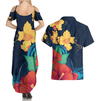 Polynesian Hibiscus Flower Waves Pattern Couples Matching Summer Maxi Dress and Hawaiian Shirt