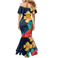Polynesian Hibiscus Flower Waves Pattern Family Matching Mermaid Dress and Hawaiian Shirt